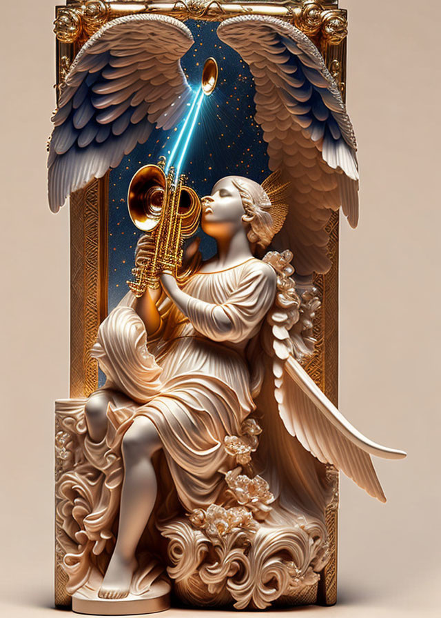 Angel with trumpet in cosmic backdrop framed by ornate design