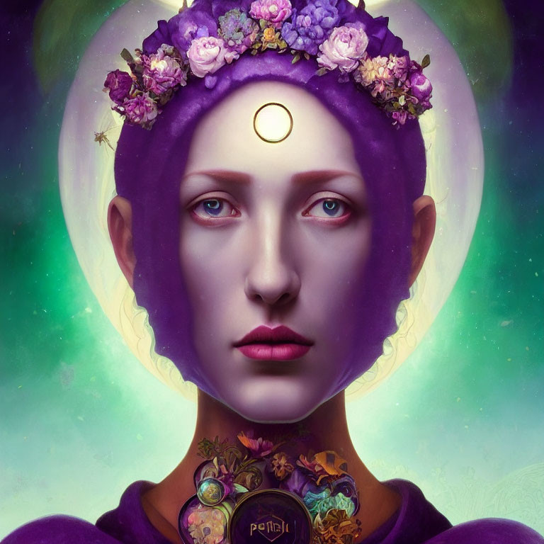 Portrait of person with purple aura, floral crown, and golden crescent symbol.