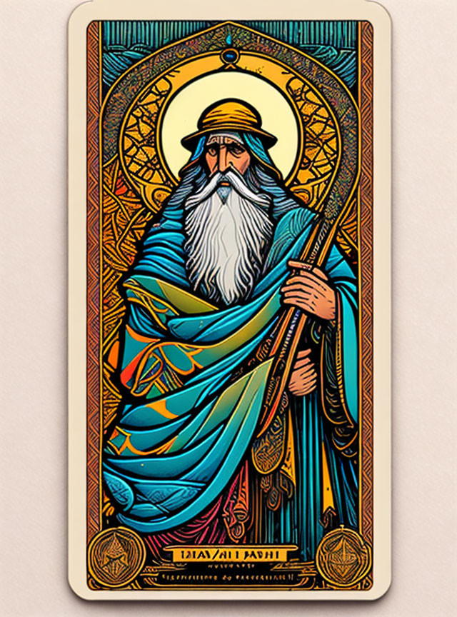 Illustrated playing card: Bearded man in blue cloak with staff, golden Art Nouveau borders