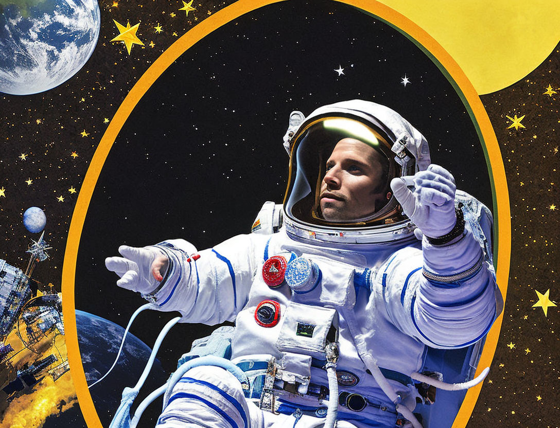 Astronaut in white space suit floating with stars, Earth, and Sun graphic