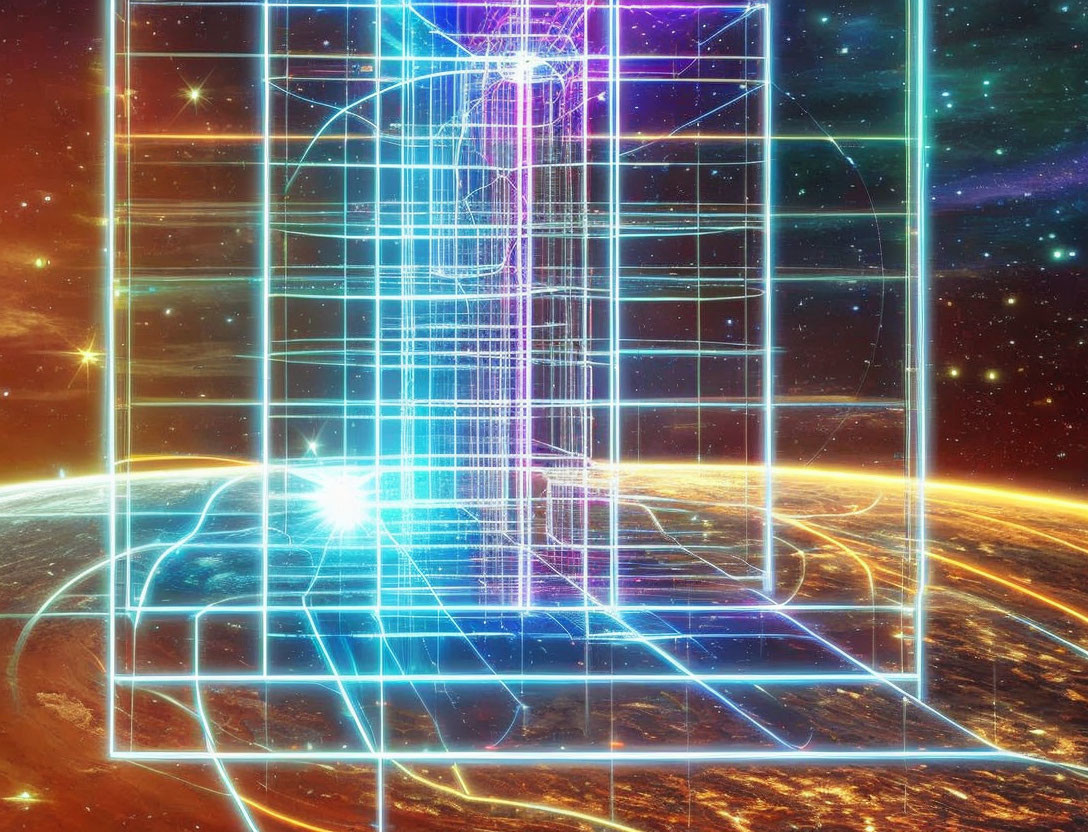 Colorful digital artwork: Glowing wireframe door in cosmic setting