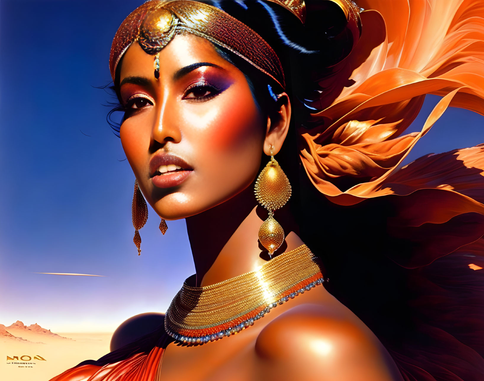 Digital artwork of woman with golden jewelry, headpiece, and fiery orange scarf in desert sunset.