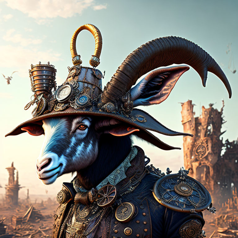 Anthropomorphic goat with steampunk attire in fantasy setting