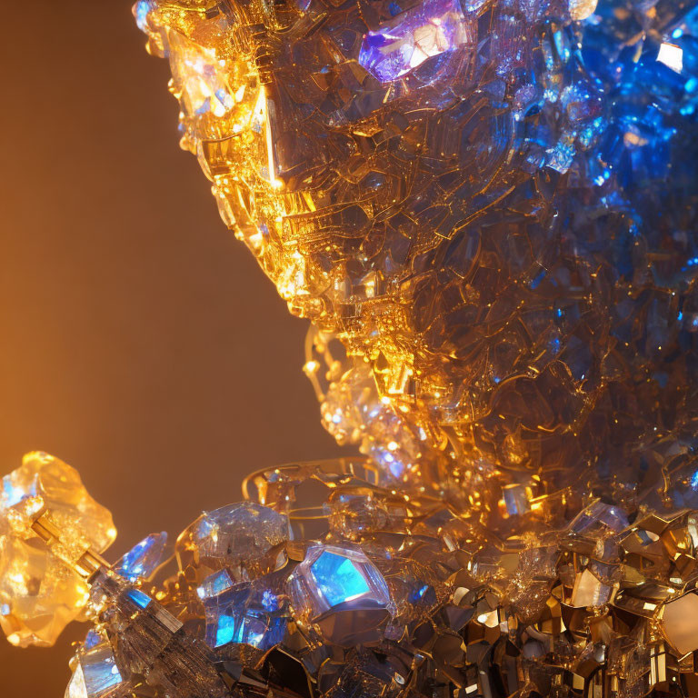 Glowing blue and golden crystalline structure close-up