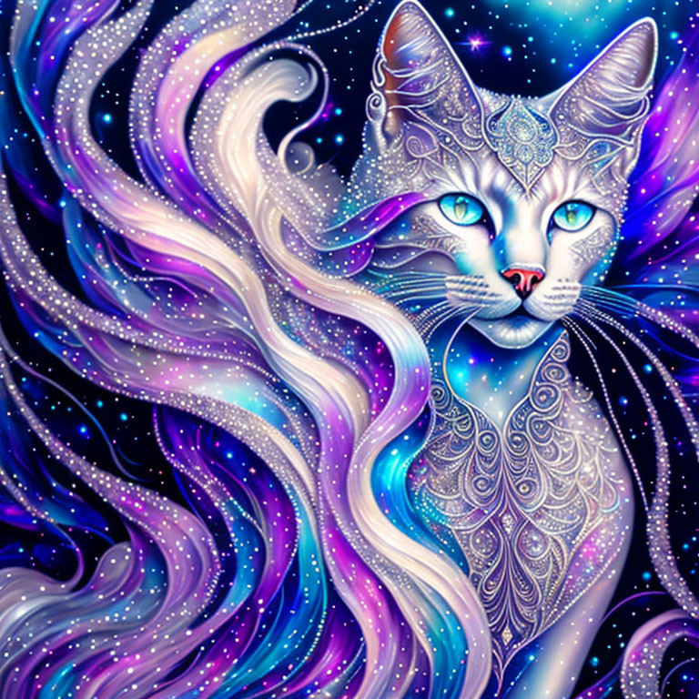 Mystical blue cat with cosmic fur and silver linework