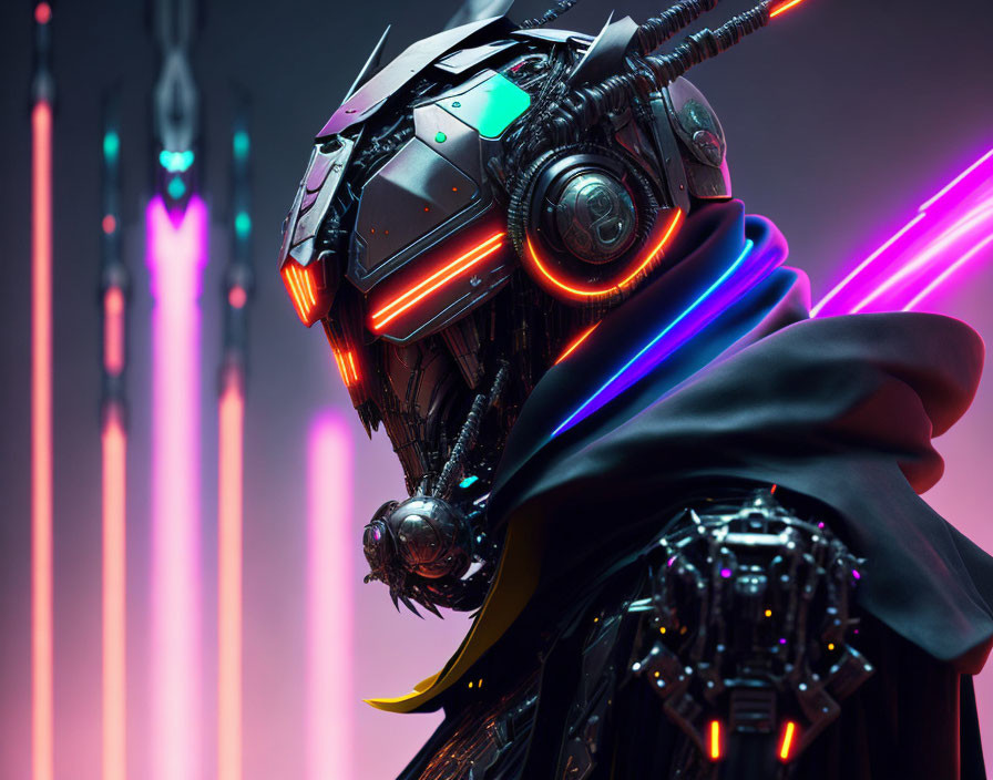 Detailed Futuristic Robot with Glowing Lights in Dark Cloak on Industrial Background