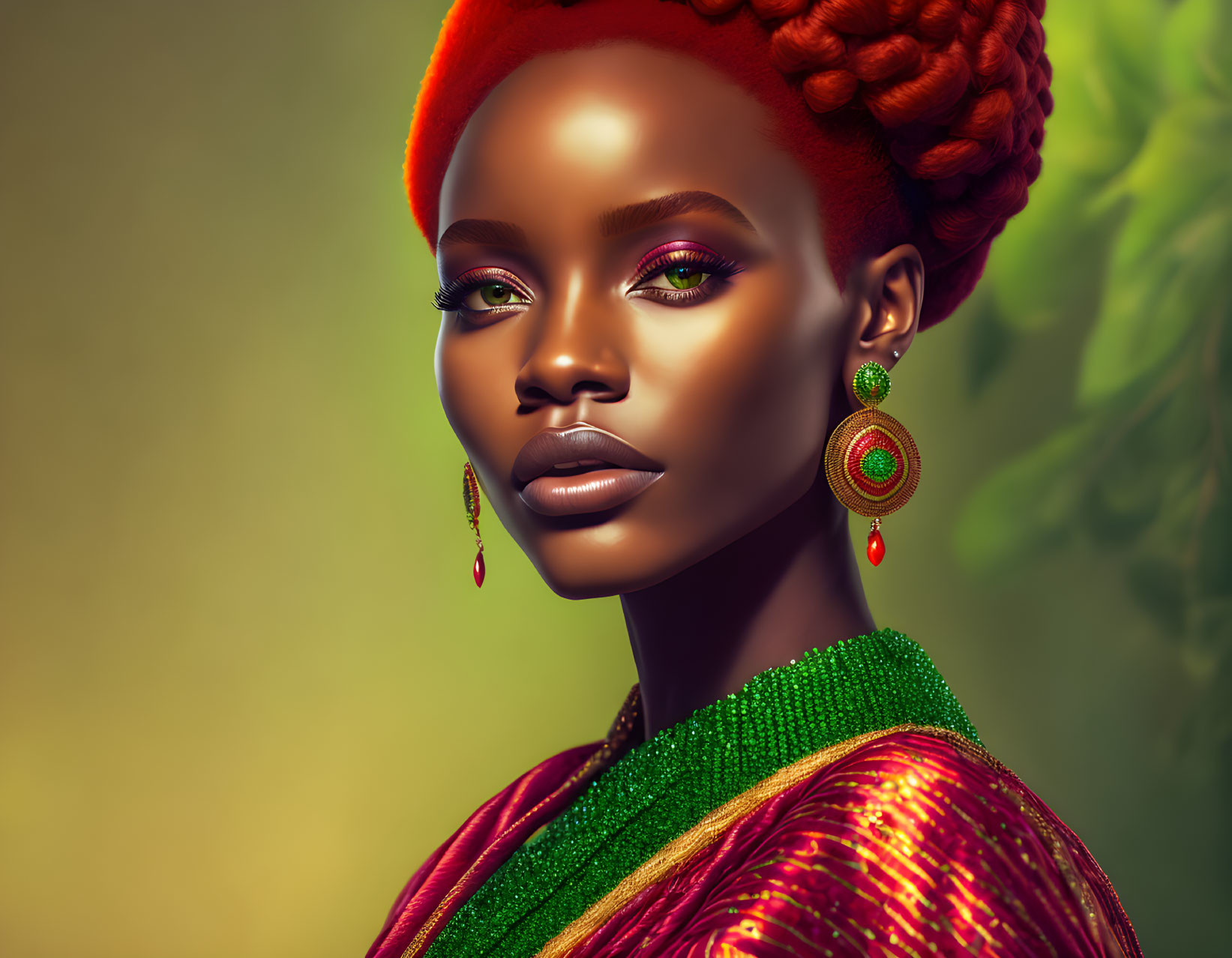 Vibrant digital artwork of woman with red updo and colorful makeup