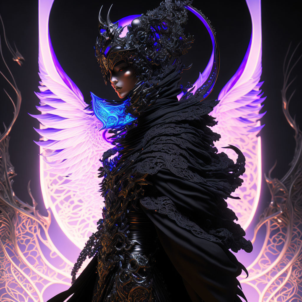 Digital Artwork: Majestic Female Figure in Black Armor with Glowing Blue Wings