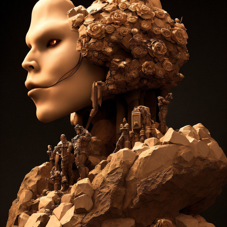 Surreal image of giant humanoid head with roses, tiny figures on rocky outcrop