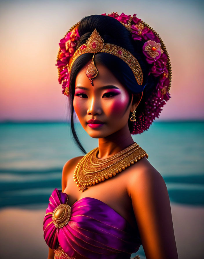 Traditional attire woman with gold jewelry at sunset by the sea