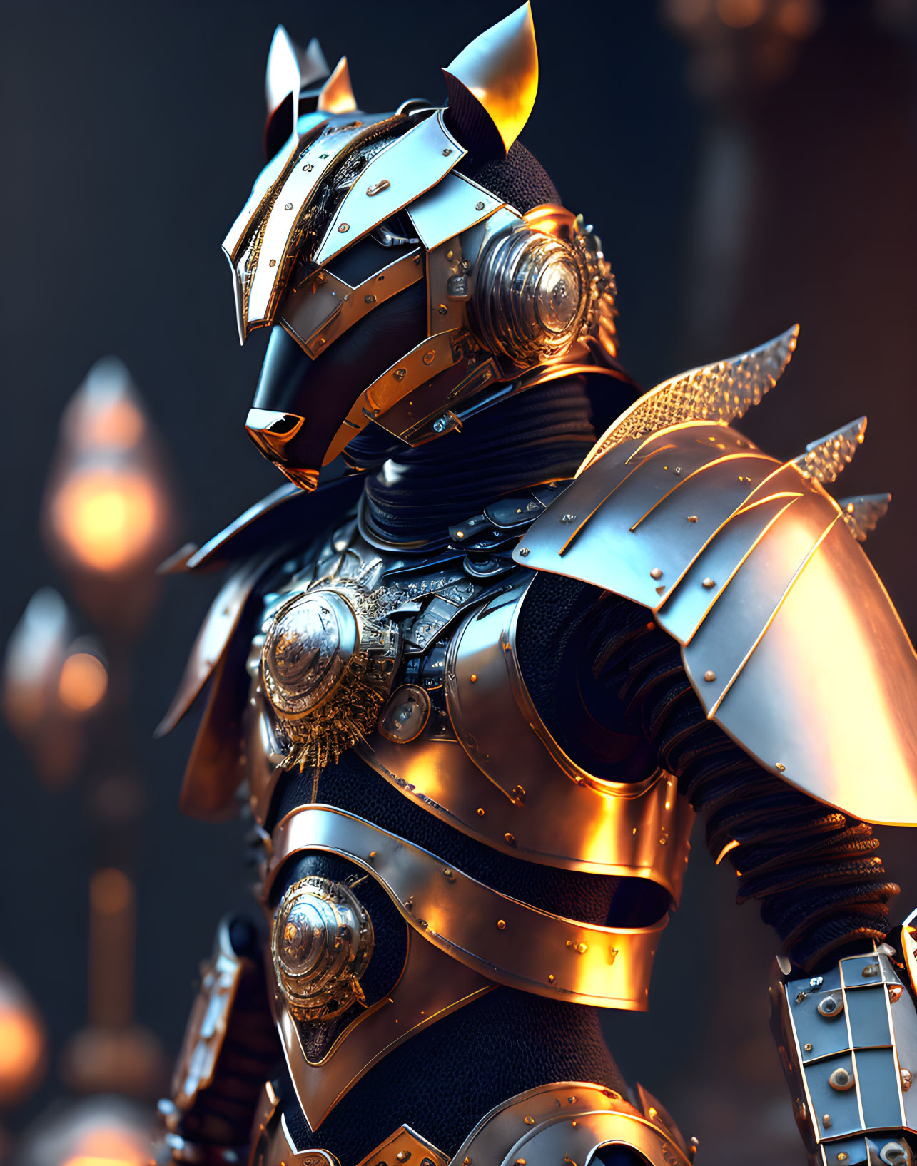 Detailed 3D rendering of robotic knight with intricate armor and horse-shaped helmet