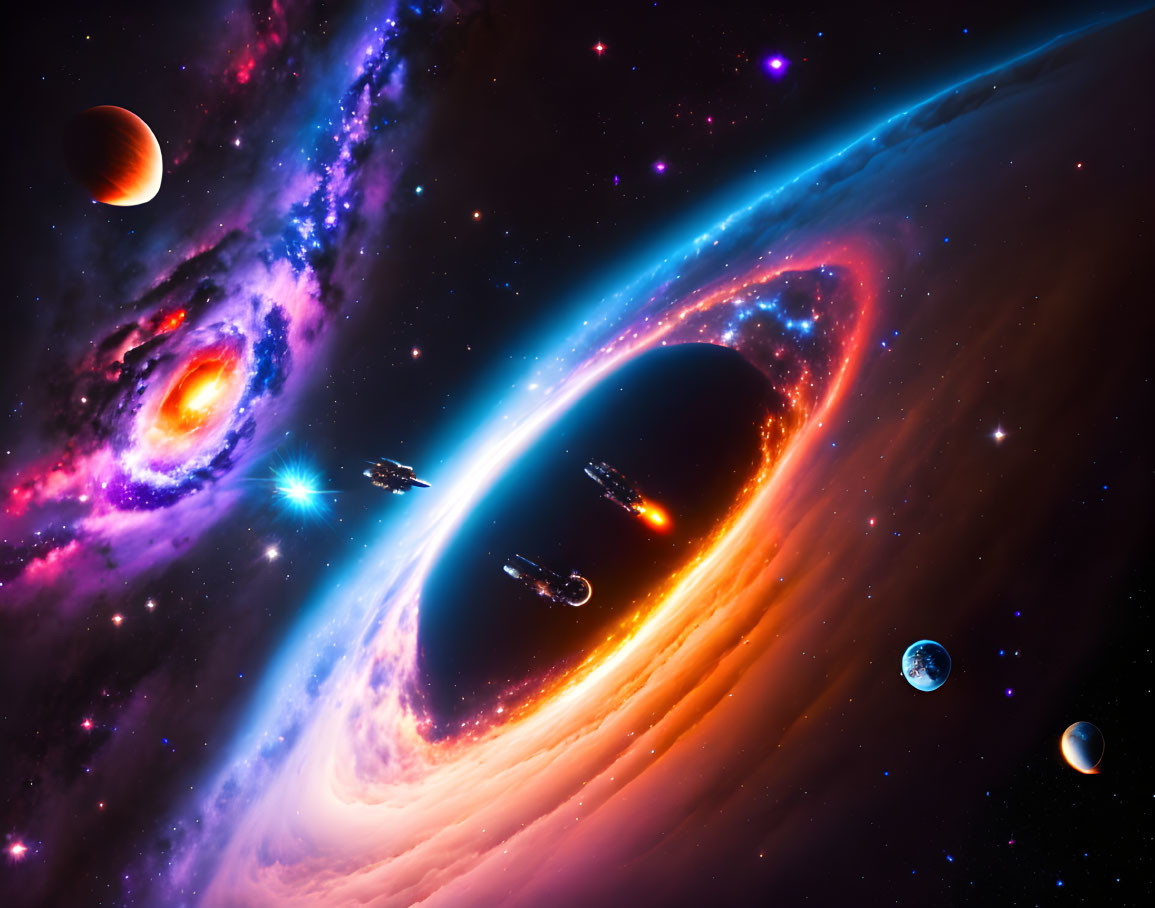 Colorful cosmic scene with galaxies, stars, nebula, planets, and spaceships.