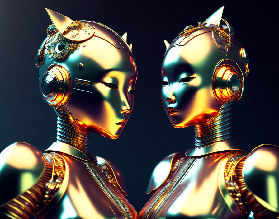 Futuristic humanoid robots with golden and silver designs facing each other