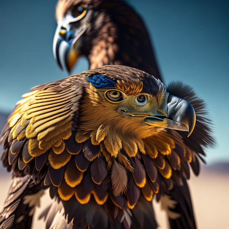 Detailed Close-Up of Majestic Golden Eagle and Blurred Companion