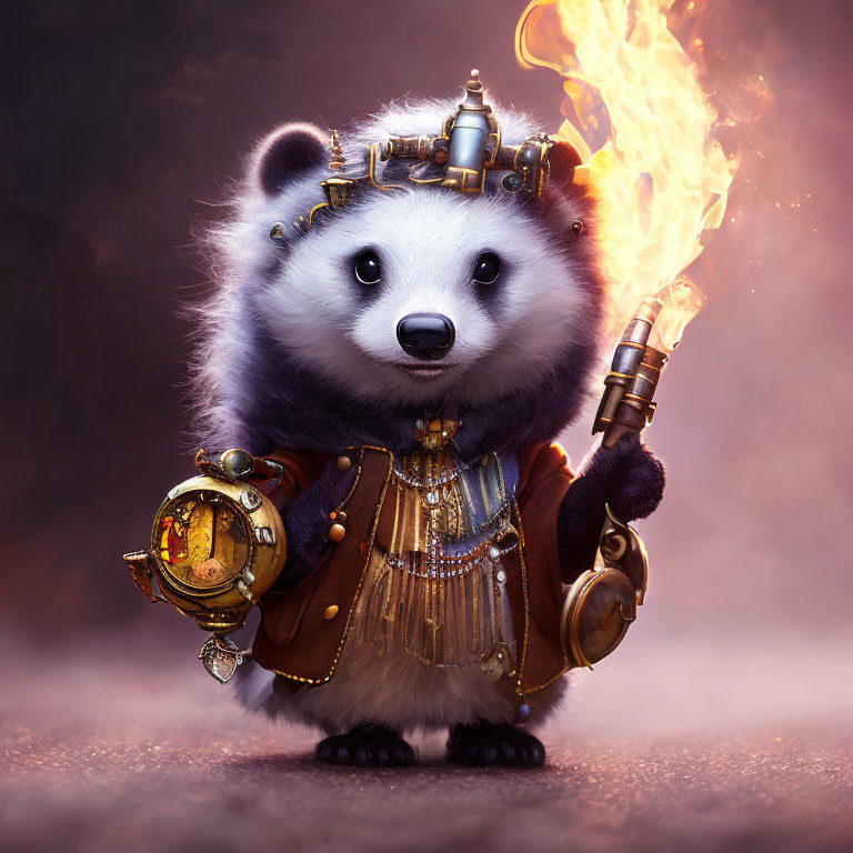 Anthropomorphic panda with kingly crown, flame-throwing scepter, and steampunk