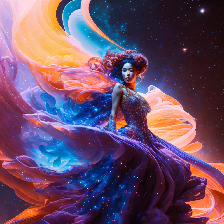 Woman depicted in flowing dress merging with cosmic nebula on starry backdrop