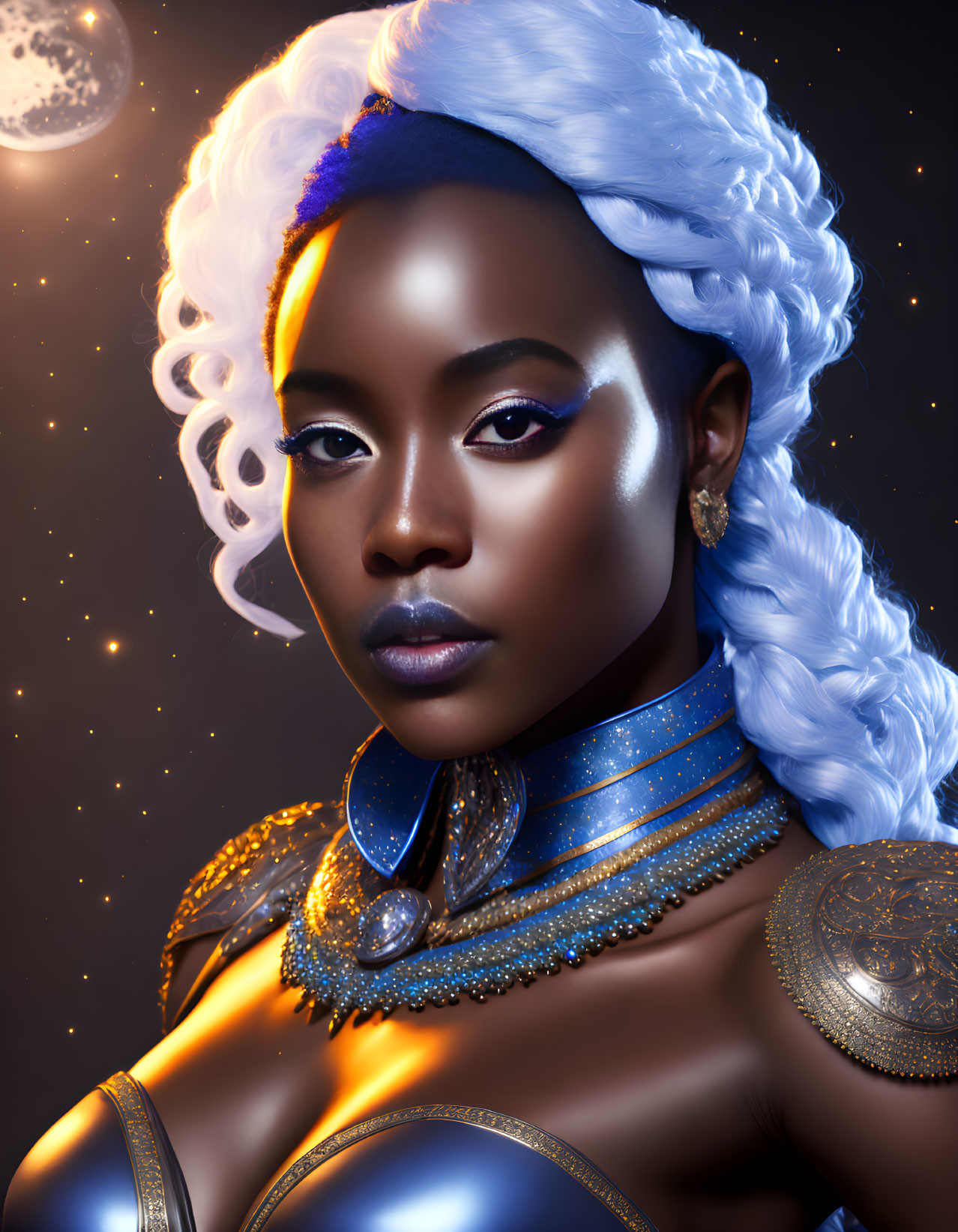 Futuristic woman portrait in blue and gold tones on dark background