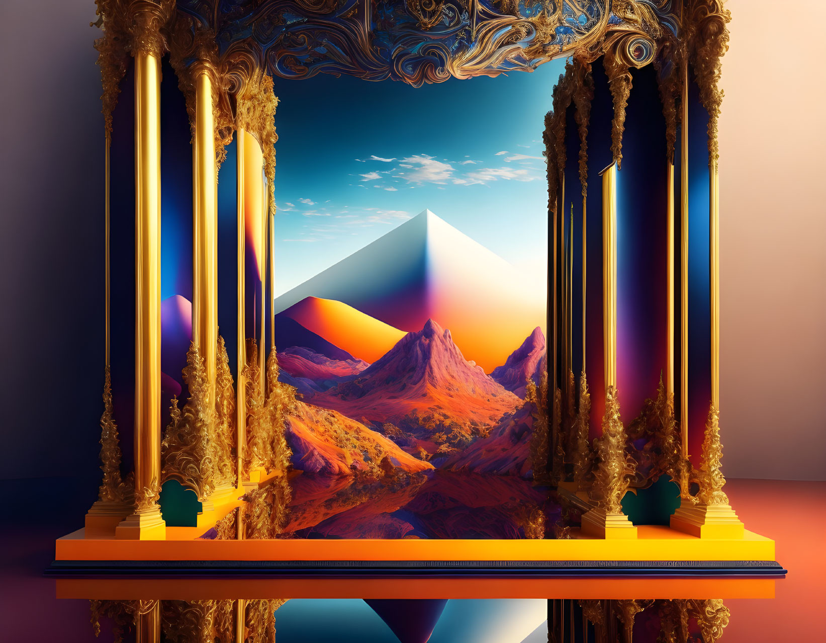 Golden frame surrounds surreal landscape with pyramid, mountains, mirrored floor, gradient sky