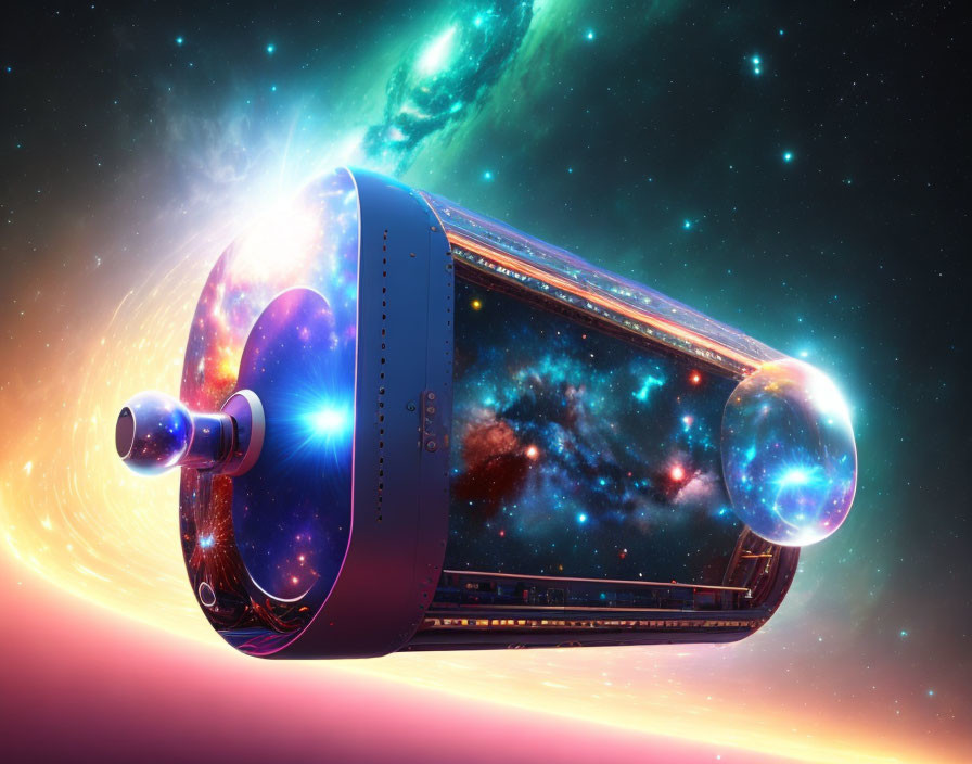 Colorful 3D illustration: Futuristic spaceship in vibrant nebula