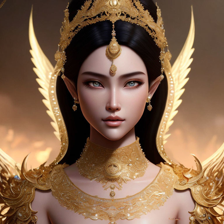 Digital artwork of woman with intricate golden jewelry and headdress against soft glowing background