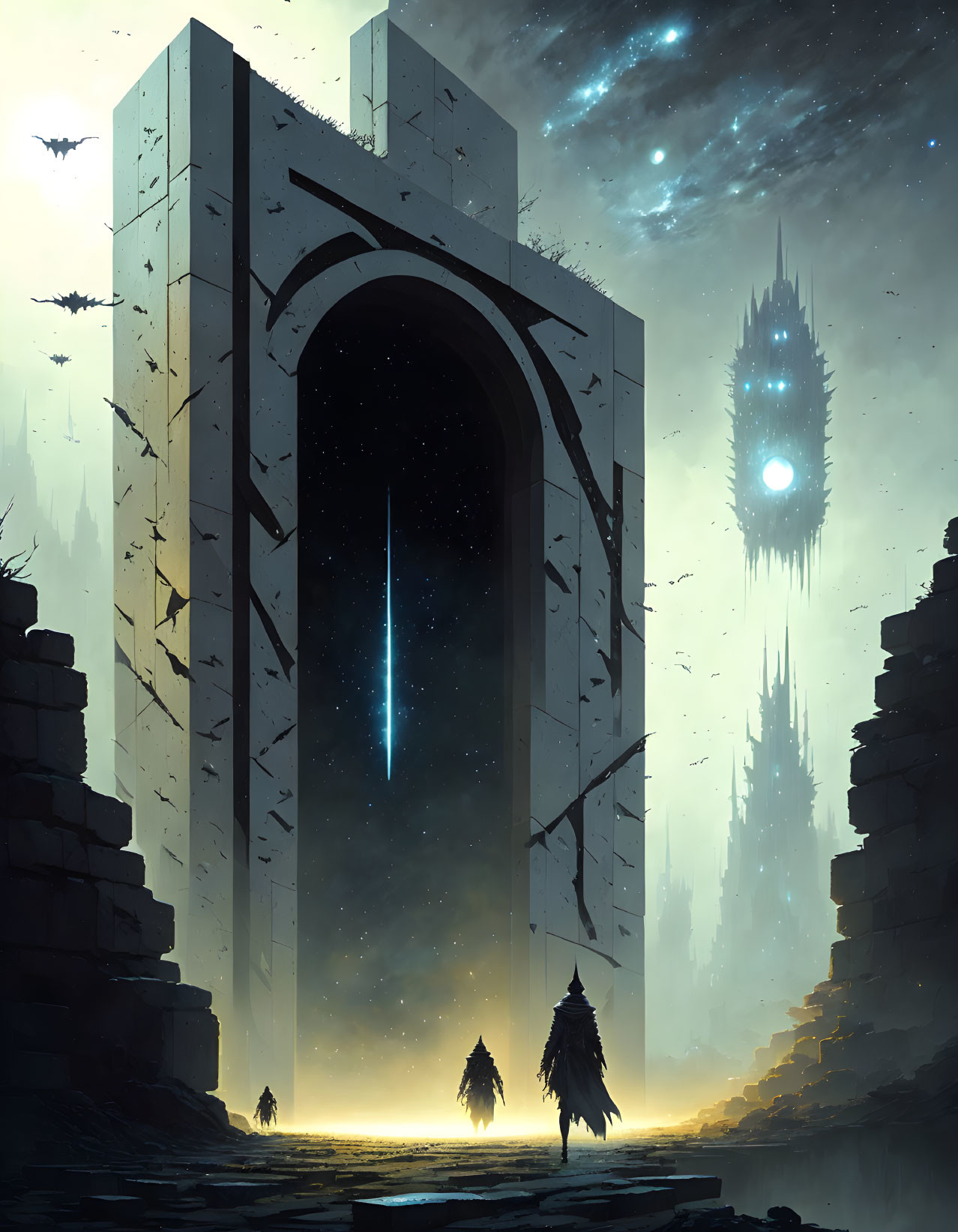 Fantastical scene with towering structures, cloaked figures, comet, and celestial body.