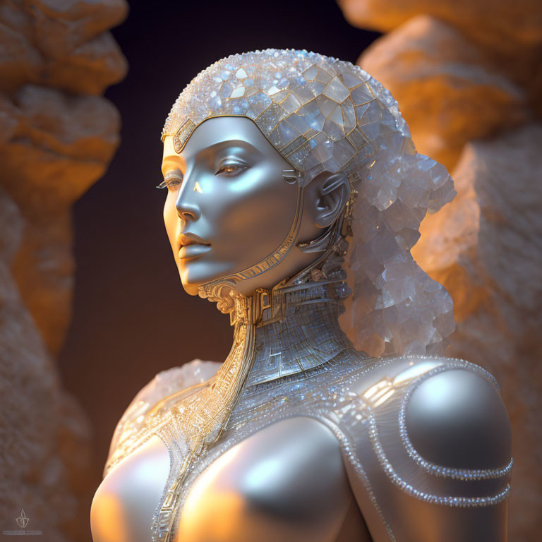 Metallic Female Figure in Detailed Armor on Orange Rocky Background