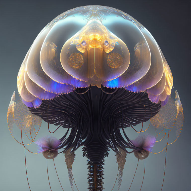 Detailed Digital Artwork: Fantastical Jellyfish with Translucent Dome and Intricate Tentacles