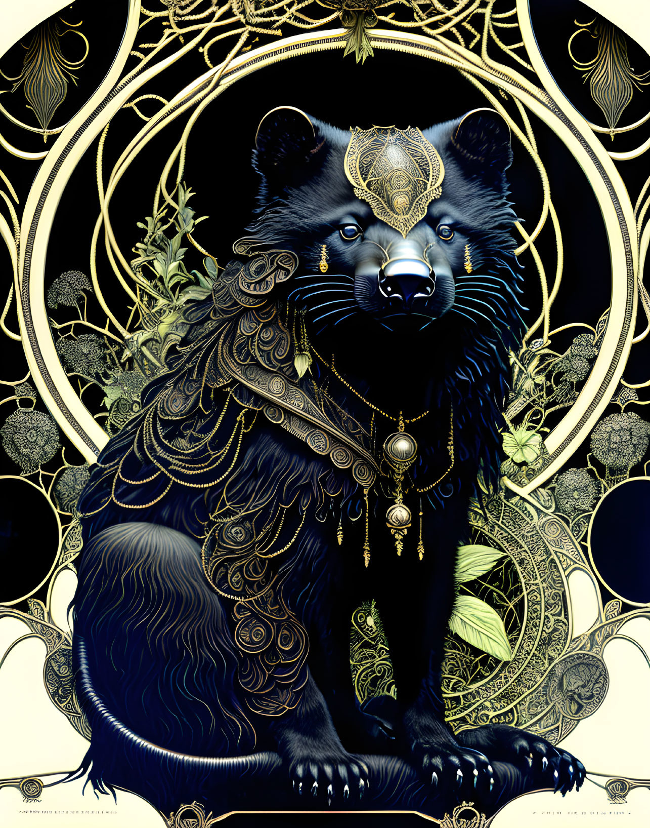 Detailed black bear illustration with golden patterns and jewelry on dark floral backdrop