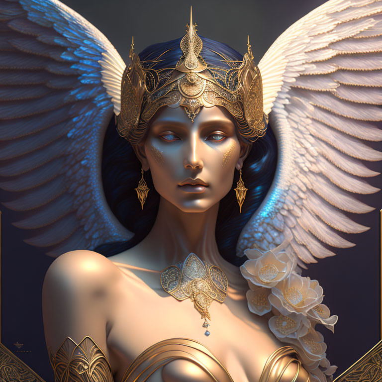 Digital Artwork: Woman with Golden Headdress & Feathered Wings