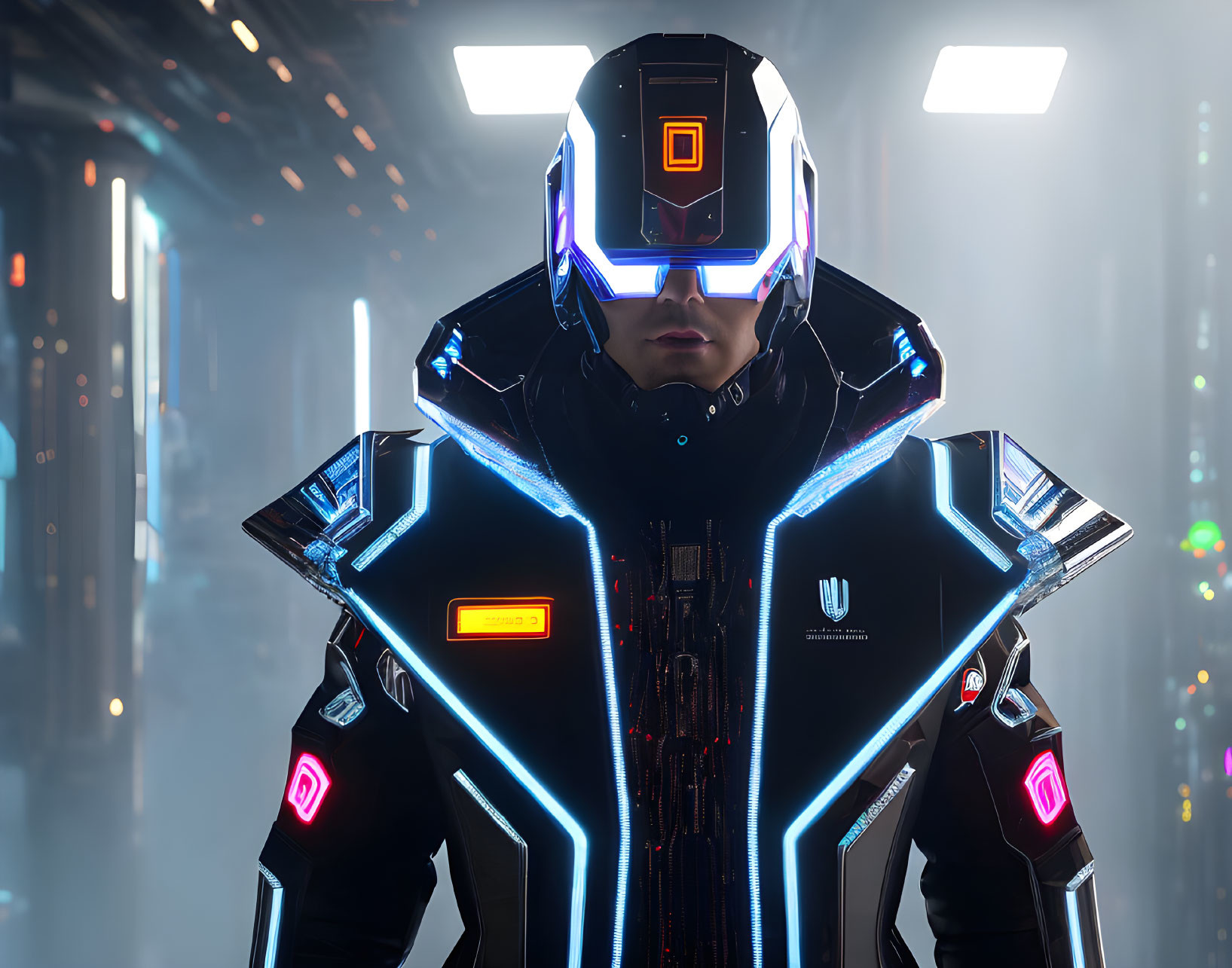 Futuristic armored person with glowing blue accents in sci-fi corridor