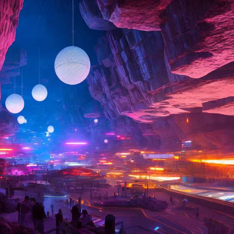 Futuristic underground cityscape with purple and orange lighting, people, orbs, and advanced infrastructure