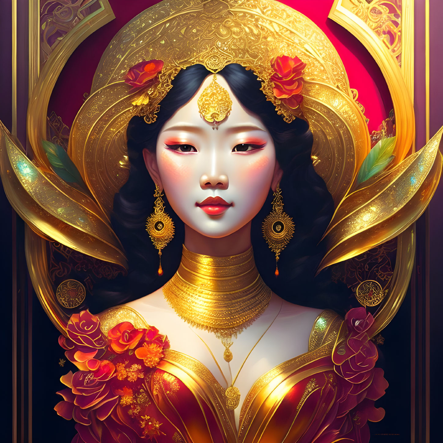 Adorned Woman with Traditional Asian Features and Gold Jewelry Illustration