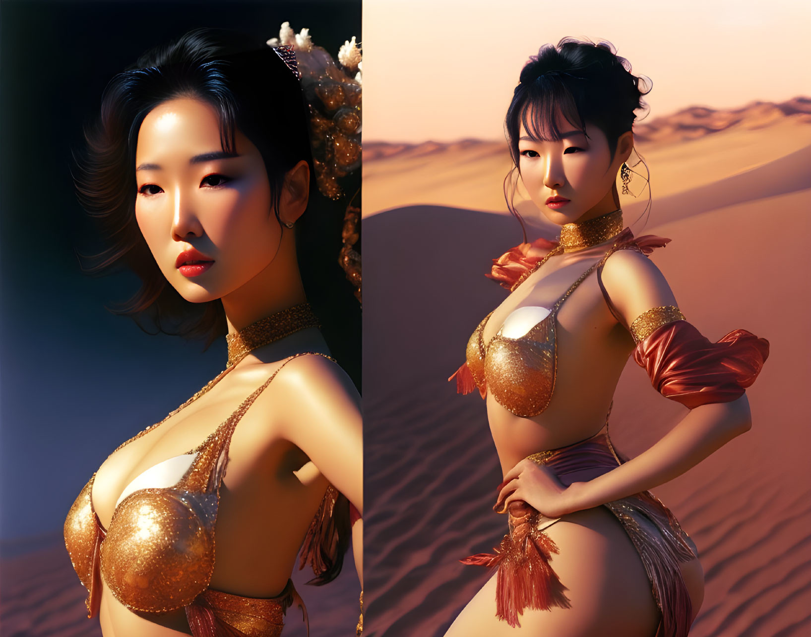 Styled woman in desert with gold jewelry & ornate bikini