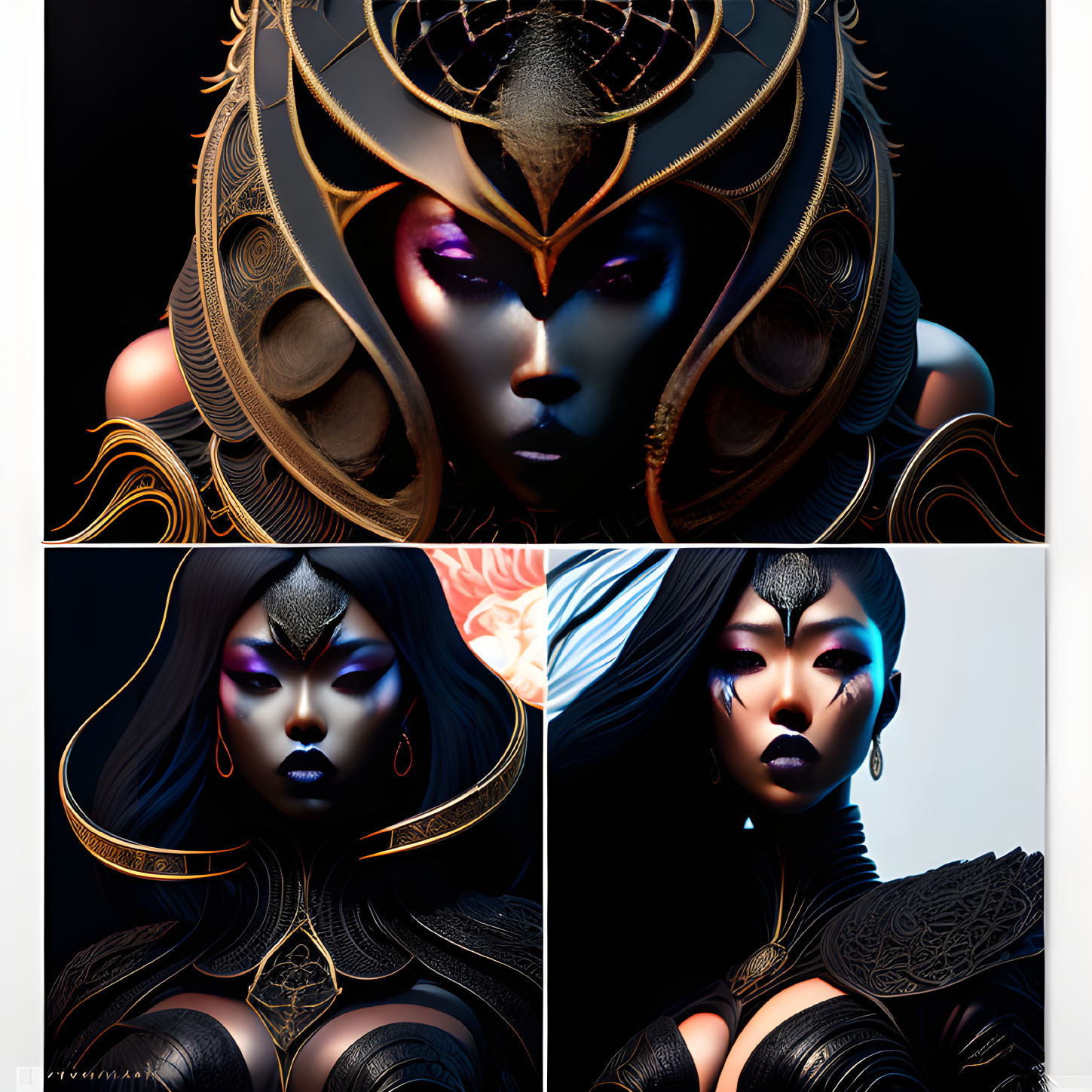 Stylized woman with golden headdress in mystical triptych