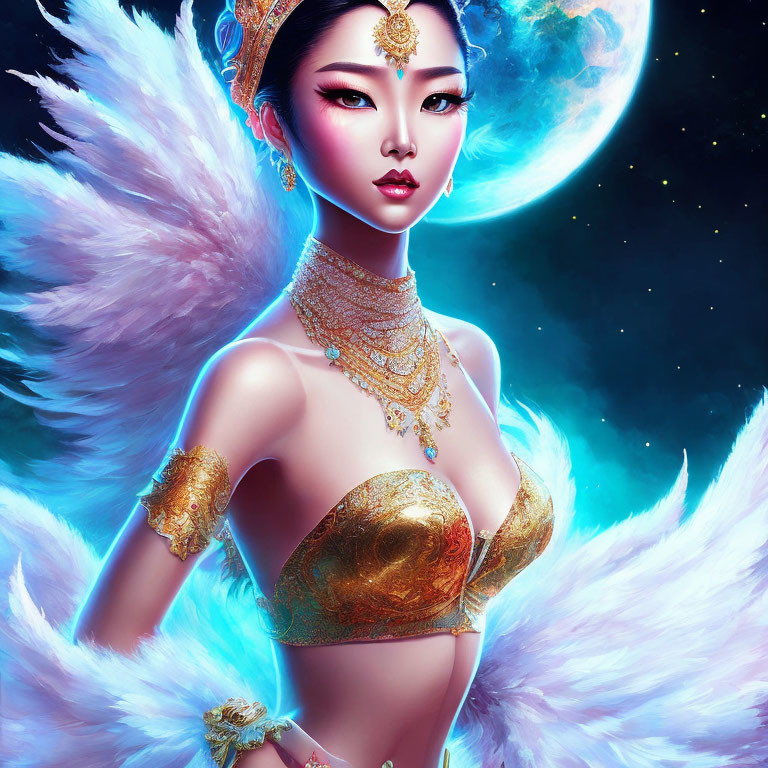 Digital illustration of woman with white angelic wings and golden jewelry in moonlit setting