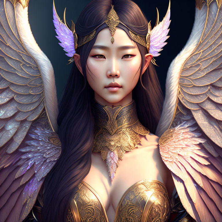 Ethereal woman with golden armor, angelic wings in white and purple