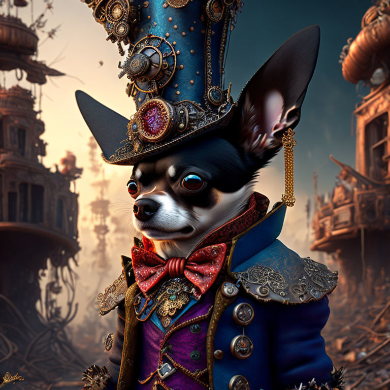 Steampunk Chihuahua in Admiral Costume with Mechanical Elements