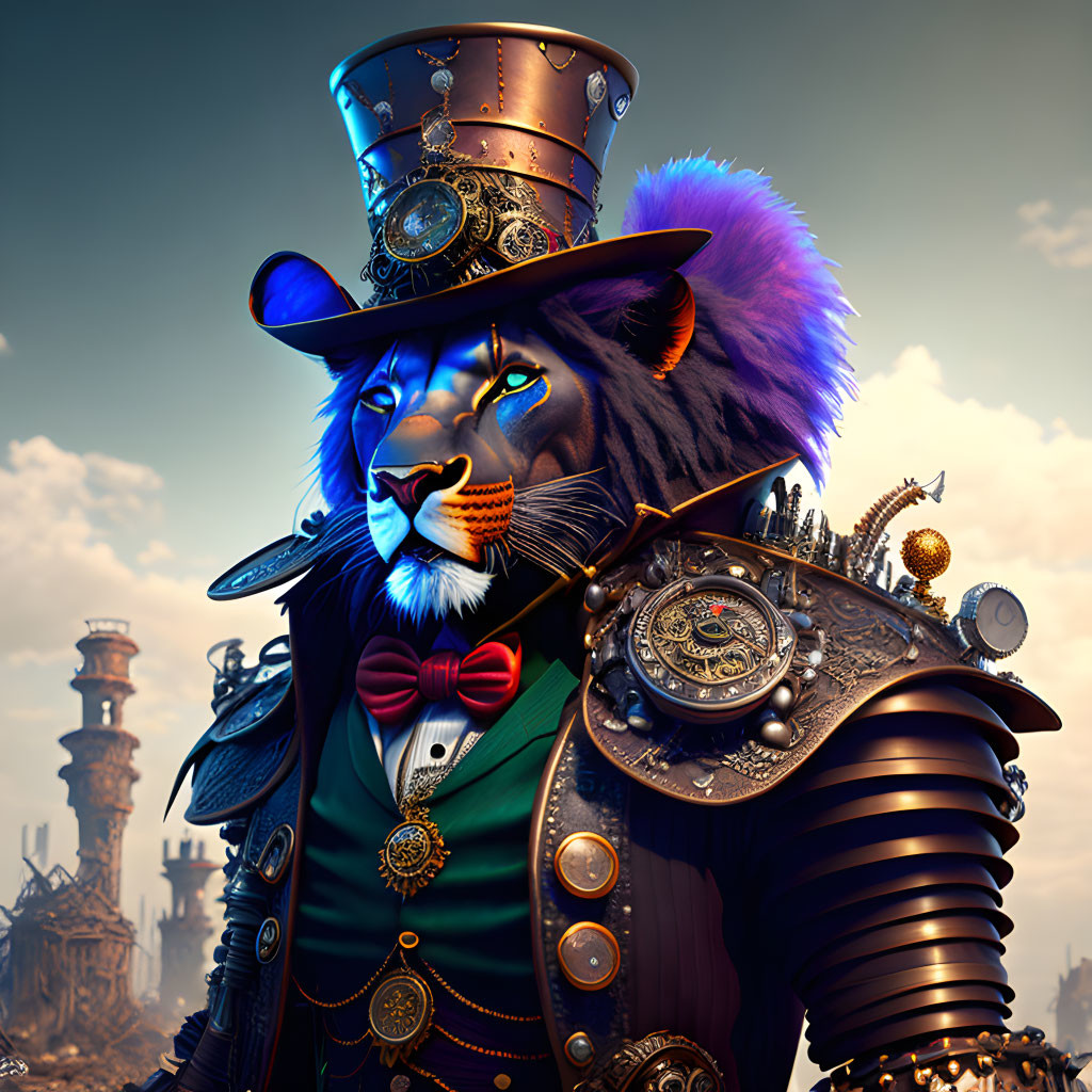 Steampunk lion with top hat and goggles under cloudy sky