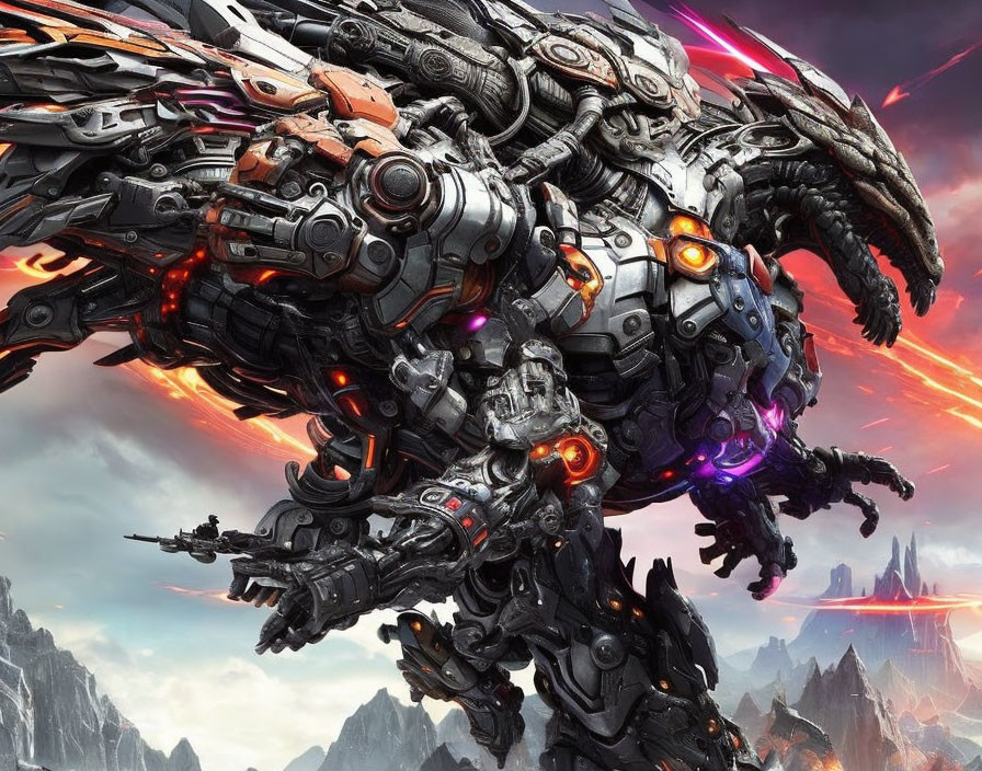 Detailed futuristic mechanized creature with humanoid pilot against dramatic sky and mountains.