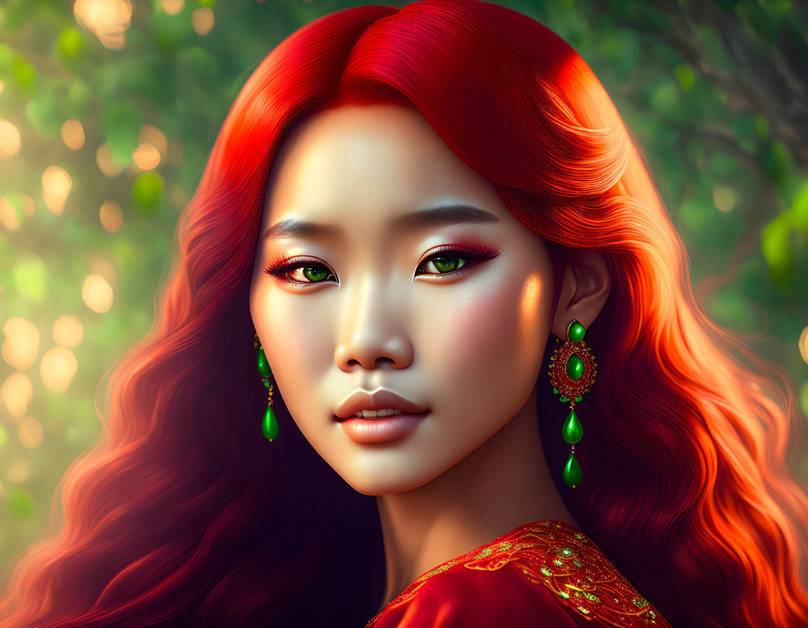 Digital portrait: Woman with red hair and green earrings against blurred greenery