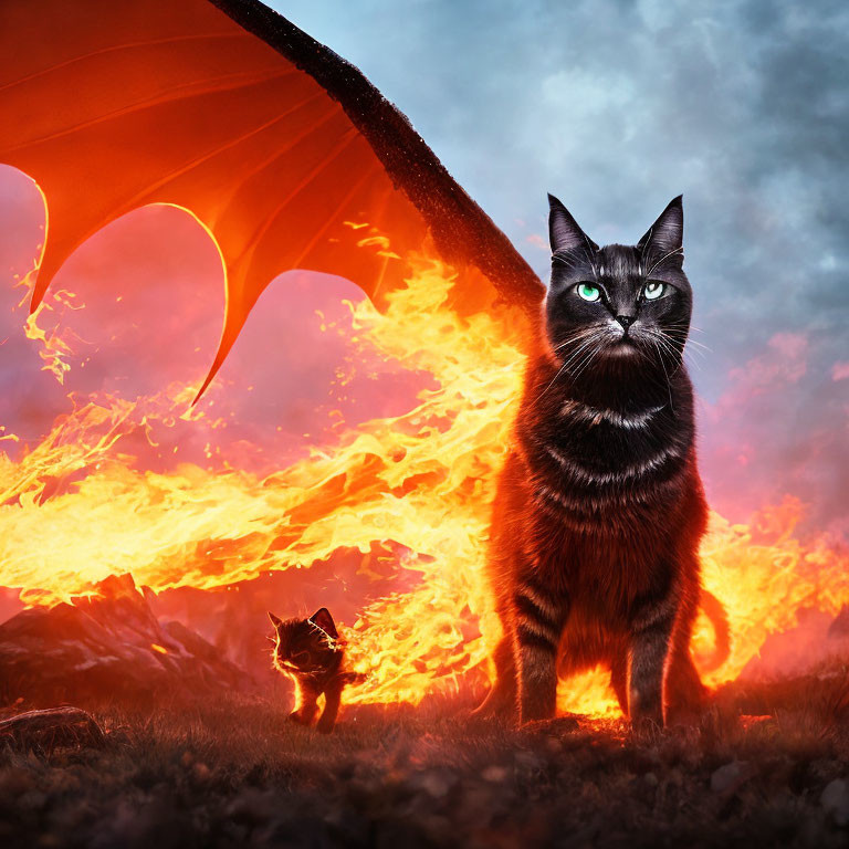 Majestic black cat and fiery dragon with outspread wings