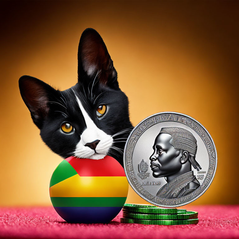 Black and white cat with coin, colorful ball on pink surface, golden background