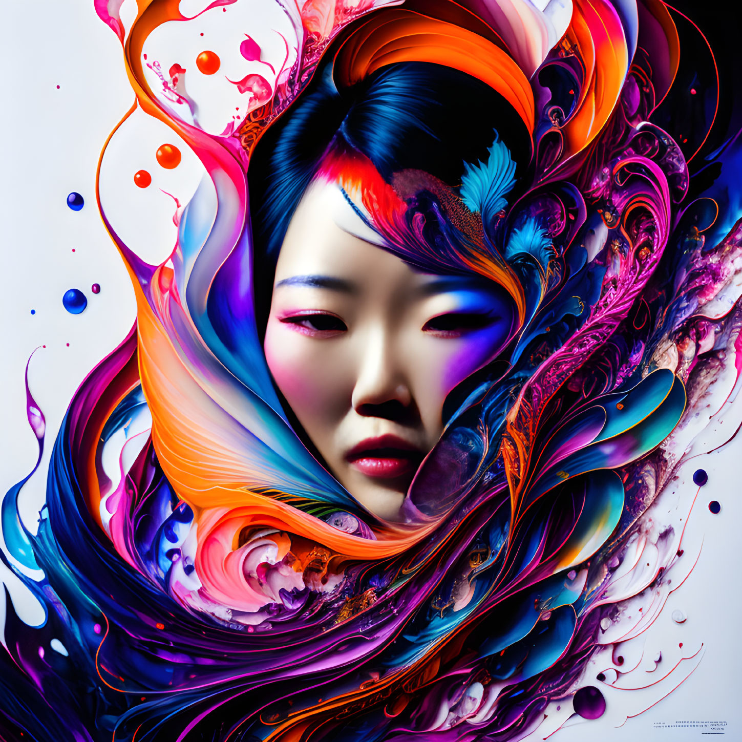 Colorful Abstract Digital Art: Woman's Face Amid Swirling Forms