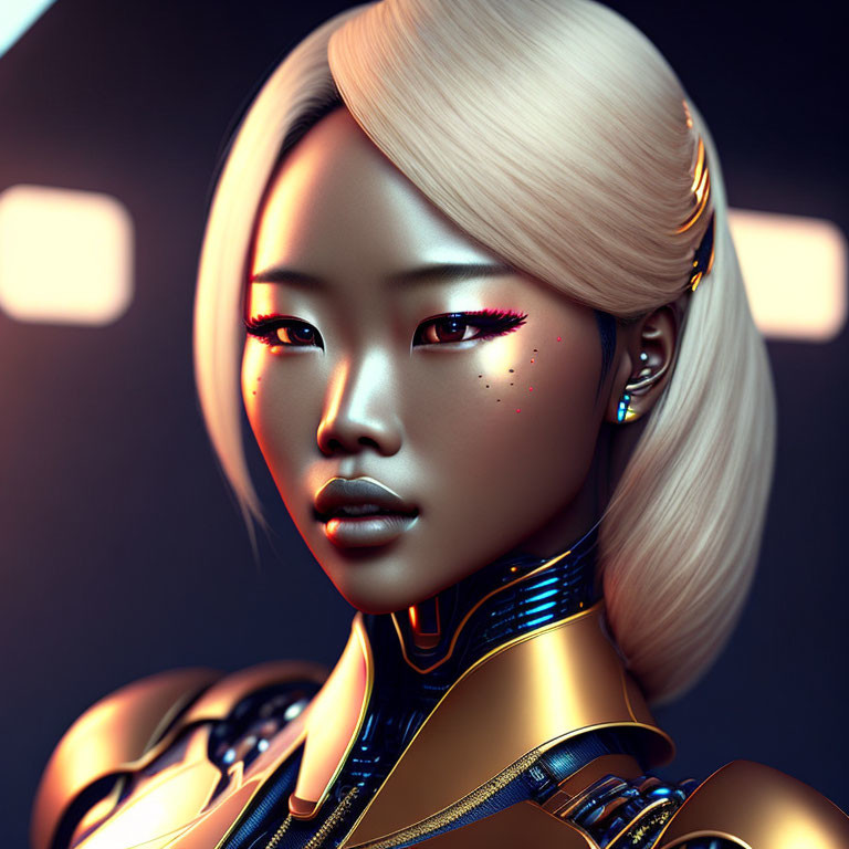 Futuristic female character with pale hair in golden-cybernetic suit