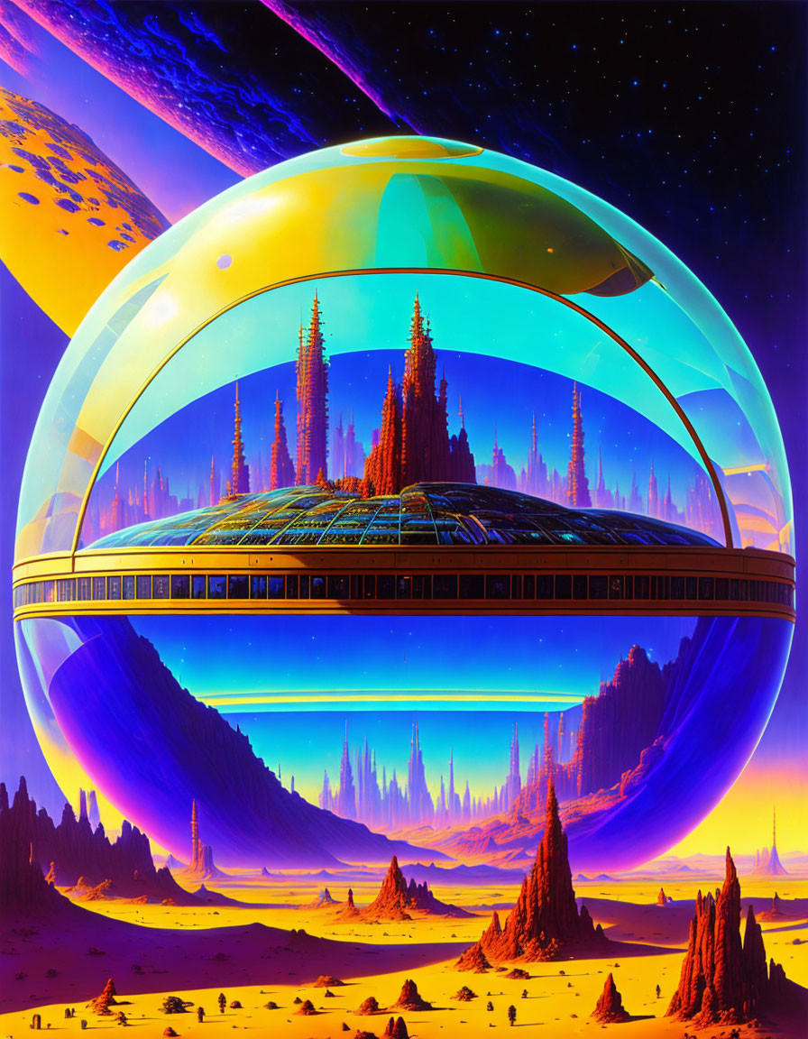 Futuristic city in glass dome above desert landscape