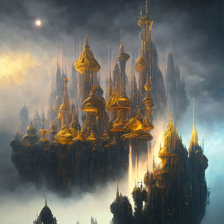 Fantastical city with golden spires under dimly lit sky