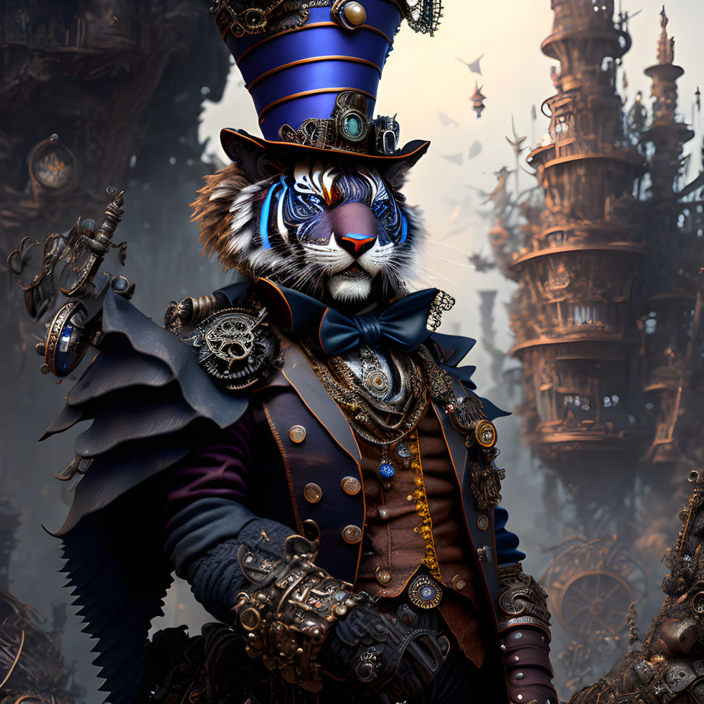 Steampunk-themed anthropomorphic tiger with top hat and mechanical arm in industrial setting