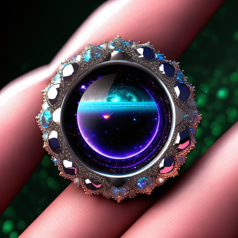 Cosmic-themed galaxy design jewelry in ornate, gem-studded frame