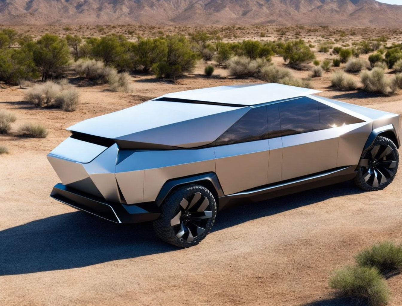 Futuristic Silver Pickup Truck on Desert Road