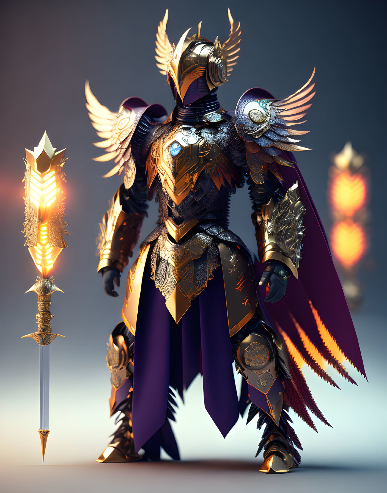 Golden armored fantasy knight with wings and spear on soft-lit background